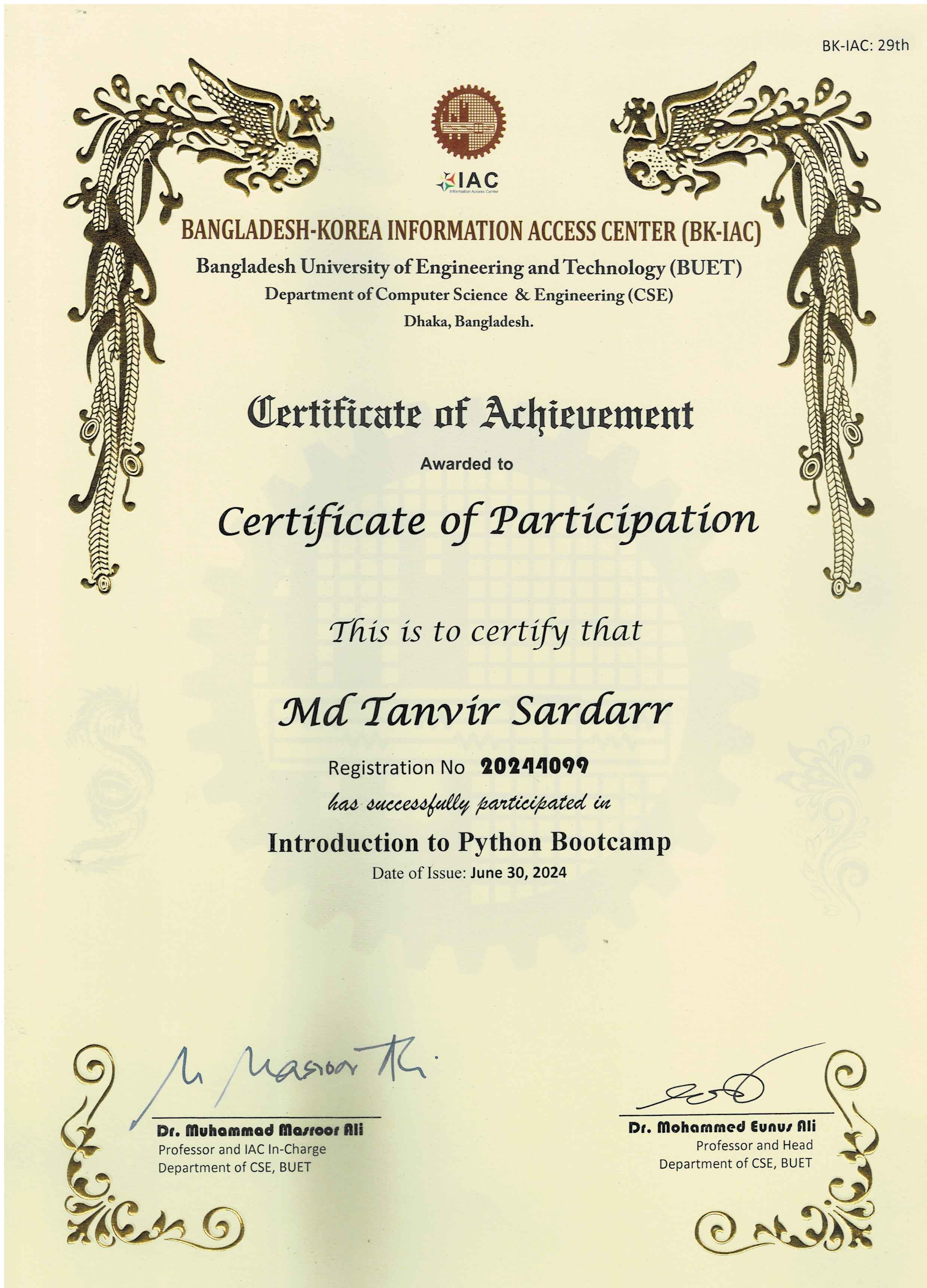 BUET Python Bootcamp certificate